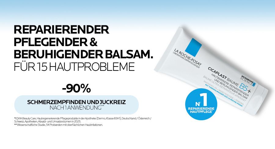 La Roche Posay Cicaplast Baume B5+ Tube; 'Dermatologisch getest', 'Für empfindliche Haut', 'Ohne Duftstoffe'.
